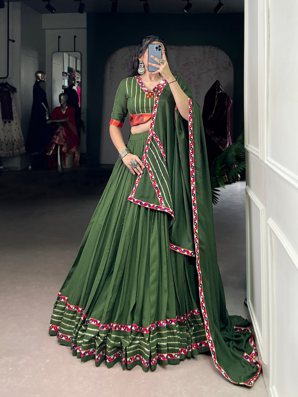 Light Green Rayon Original Mirror Work Gamthi Lehenga Choli