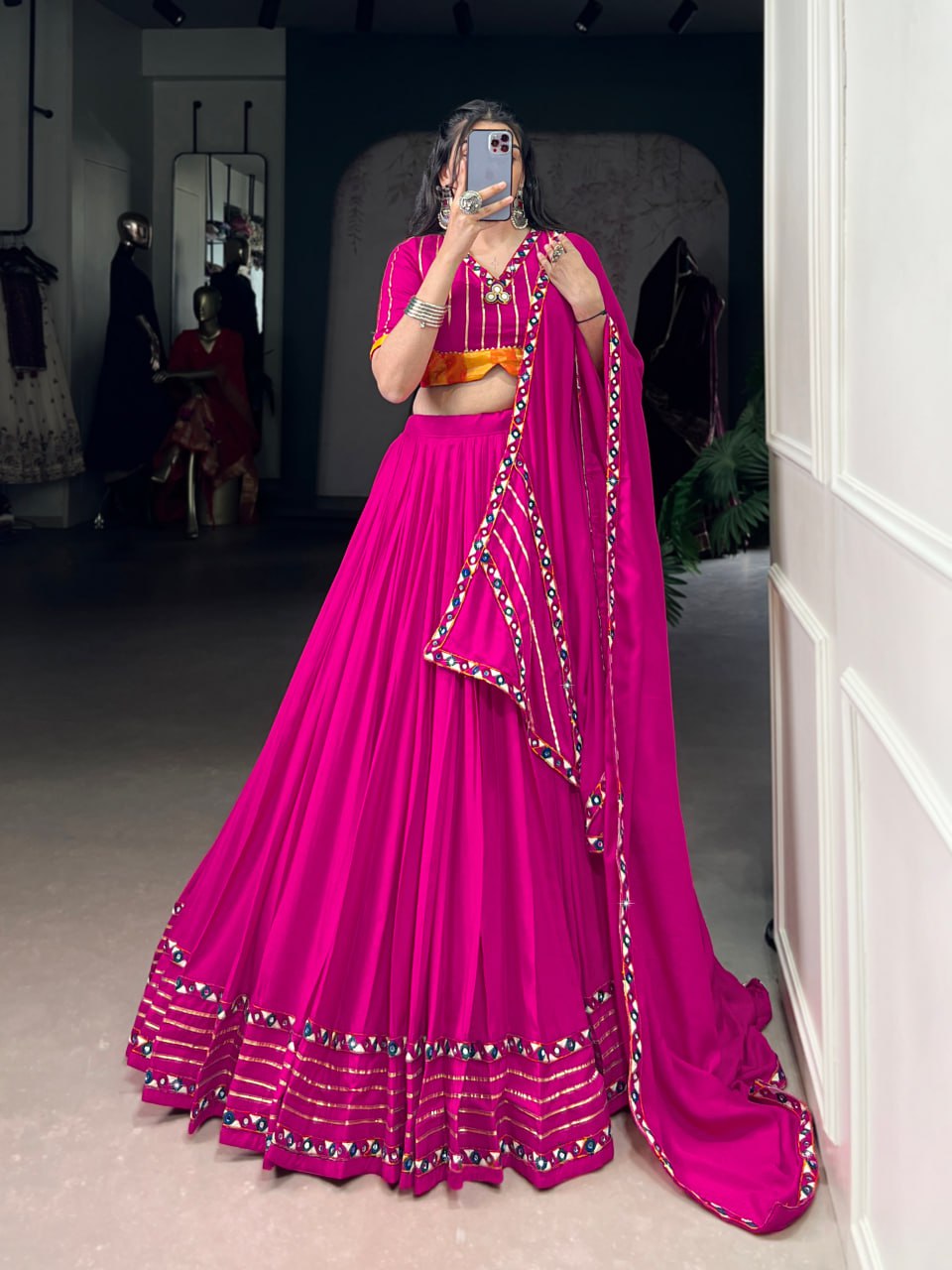 Pink Rayon Original Mirror Work Gamthi Lehenga Choli
