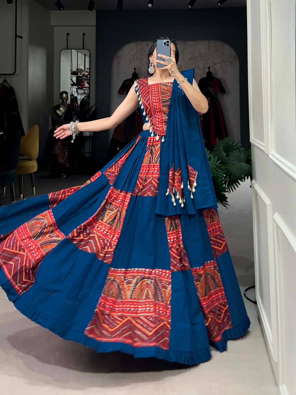 Blue Pure Cotton Printed Foil Work Navratri Lehenga Choli with Dupatta