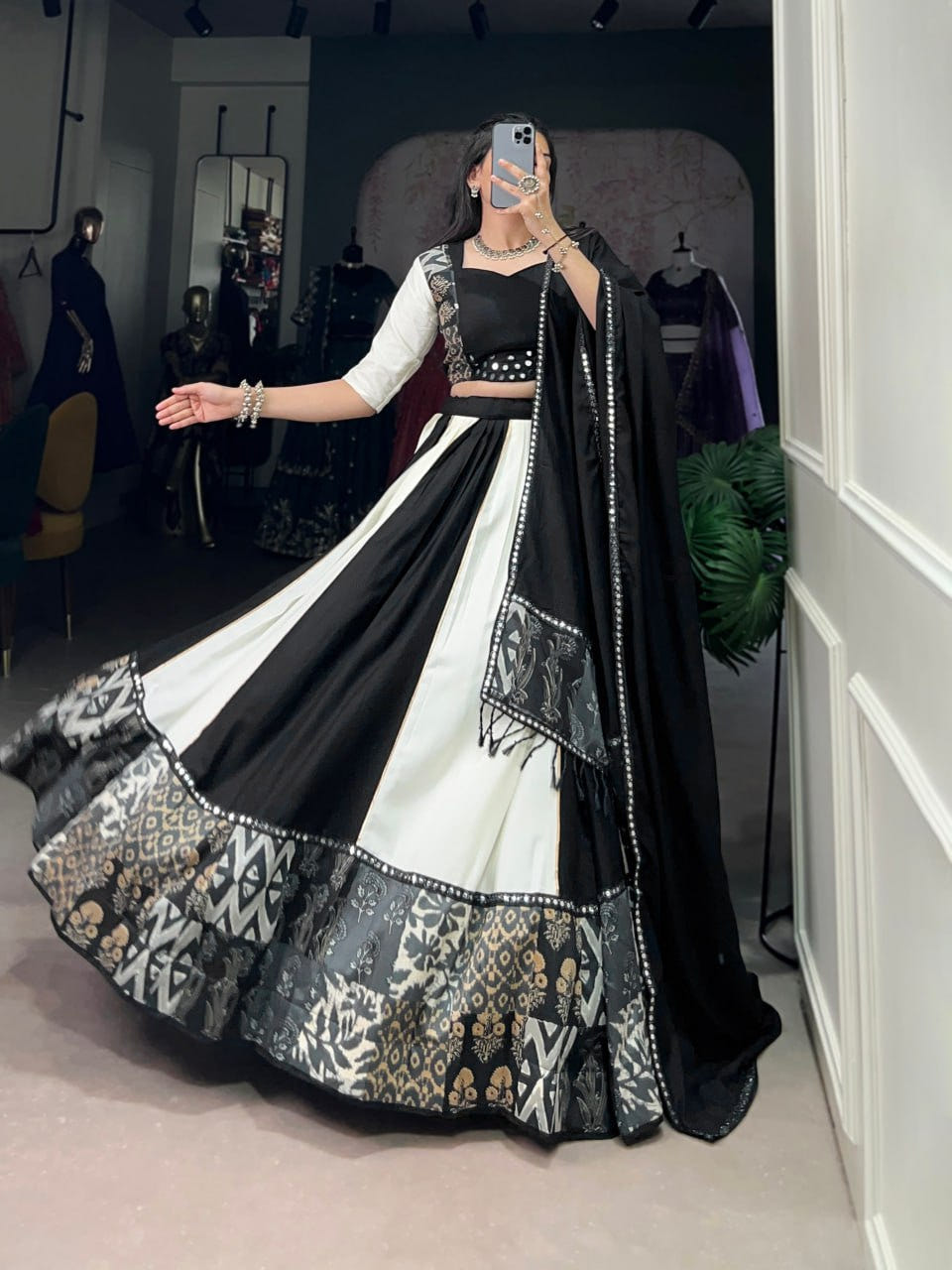 Black Rayon Printed Lehenga Choli with Mirror Work & Gota Patti