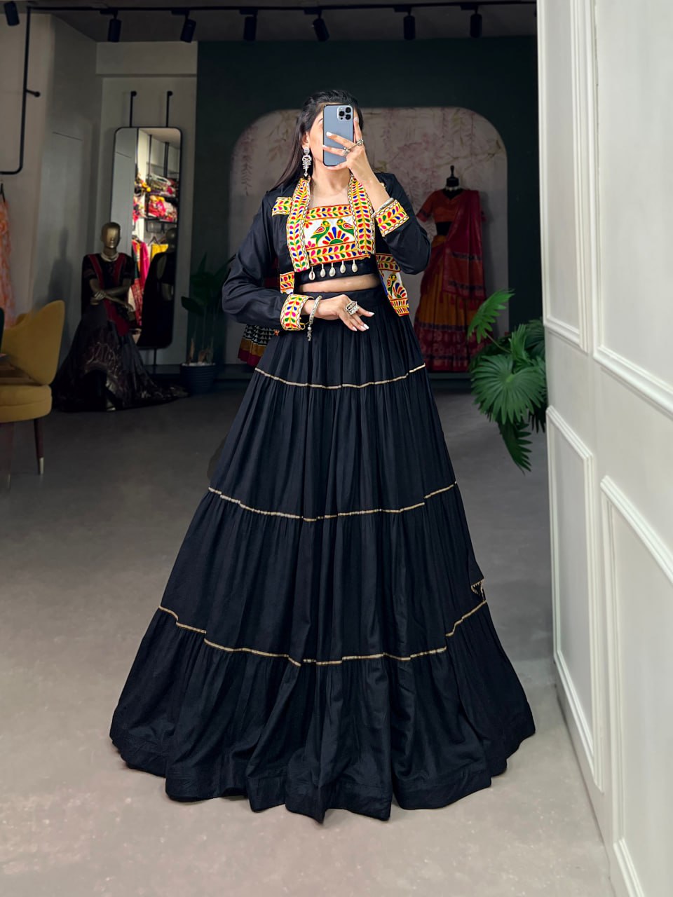 Navratri Lehenga Choli with Koti, Pure Rayon Lehenga Set, Gamthi Work Festival Wear Outfit, Gota Patti Lehenga for Navratri, Designer Navratri Chaniya Choli 2025, Stitched Lehenga Choli with Jacket, Traditional Indian Lehenga Outfit, Cowrie Lace Work Lehenga Choli, Women’s Navratri Garba Dress, Rayon Lehenga Choli with Gamthi Embroidery