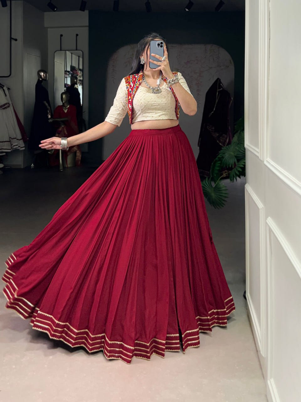 Designer Rayon Lehenga Choli with Khadi Cotton Mirror Gamthi Blouse