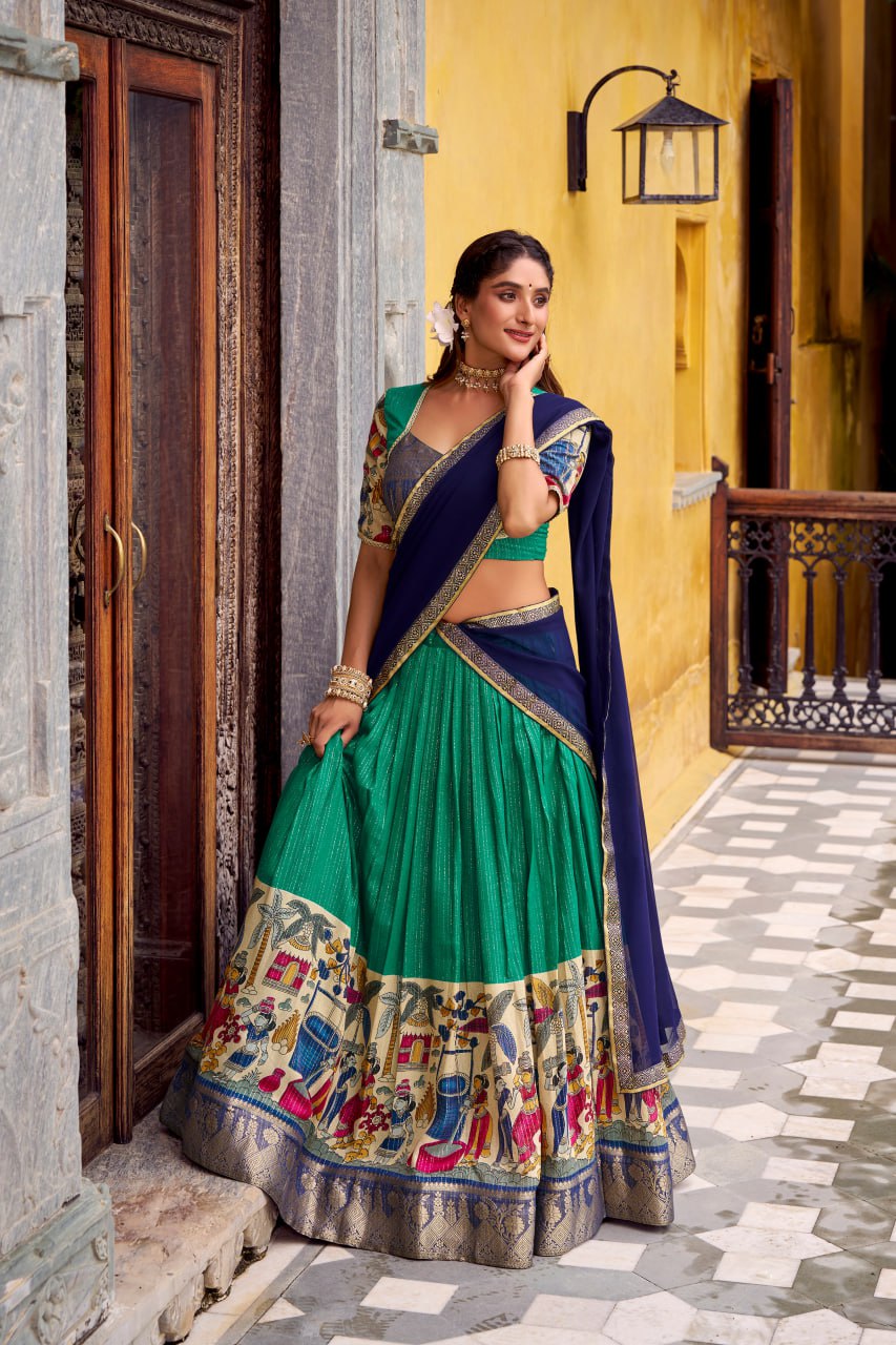 Bottle Green Poly Kalamkari Printed Chanderi Lehenga Choli