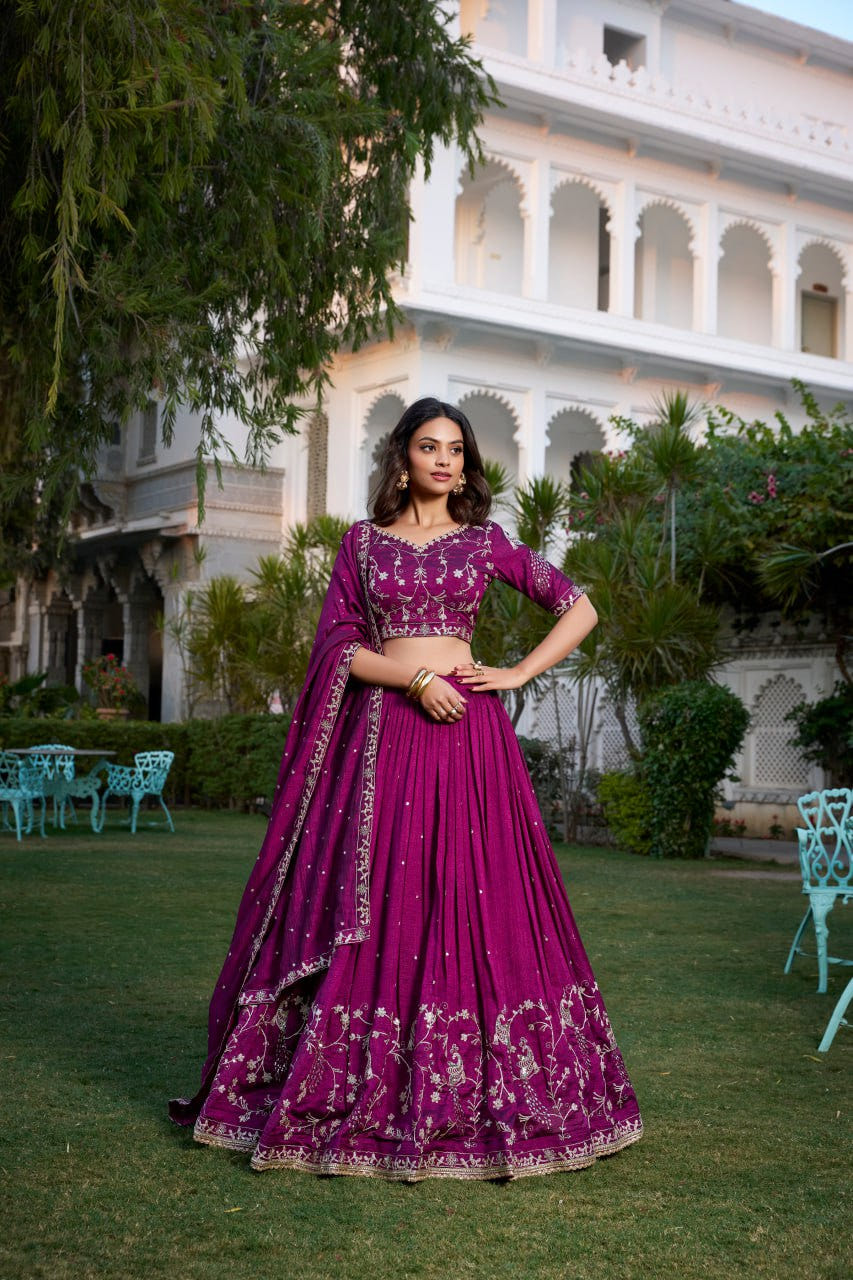 Wine Vichitra Silk Lehenga Choli with Sequins & Thread Embroidery