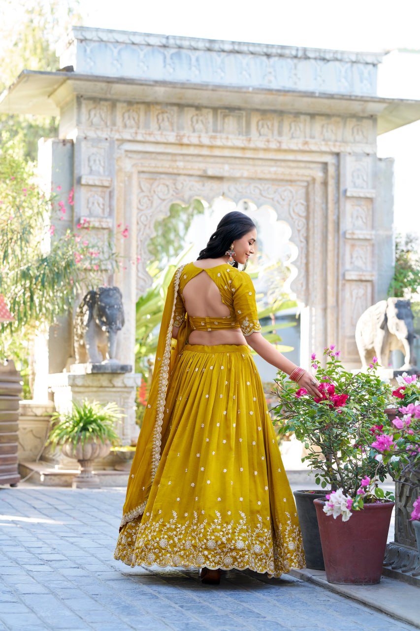 Mustard Vichitra Silk Bridesmaid Lehenga Choli with Sequins & Thread Embroidery