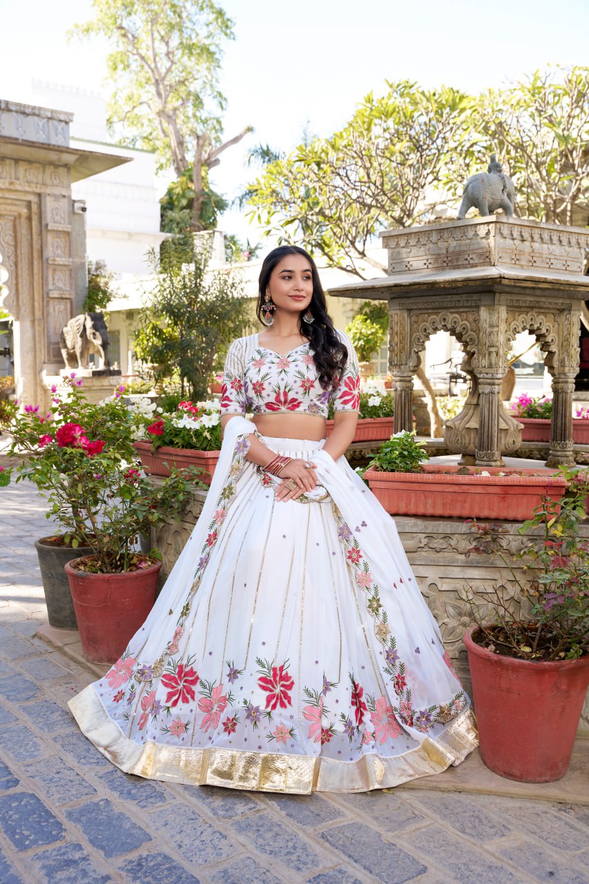 Designer White Bridal Party Lehenga Choli with Sequins & Thread Embroidery