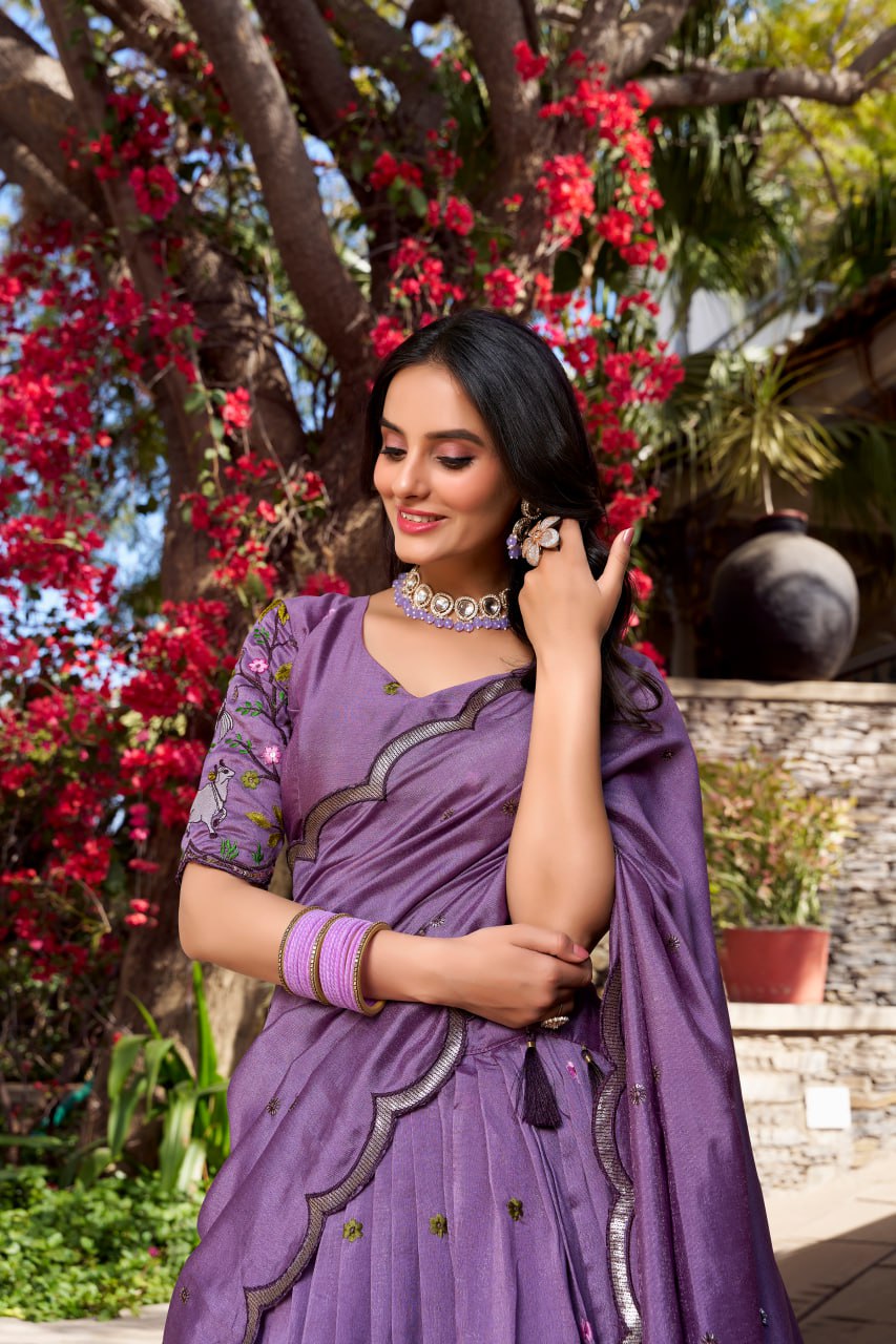 Designer Lavender Vichitra Simmer Party Wear Lehenga Choli