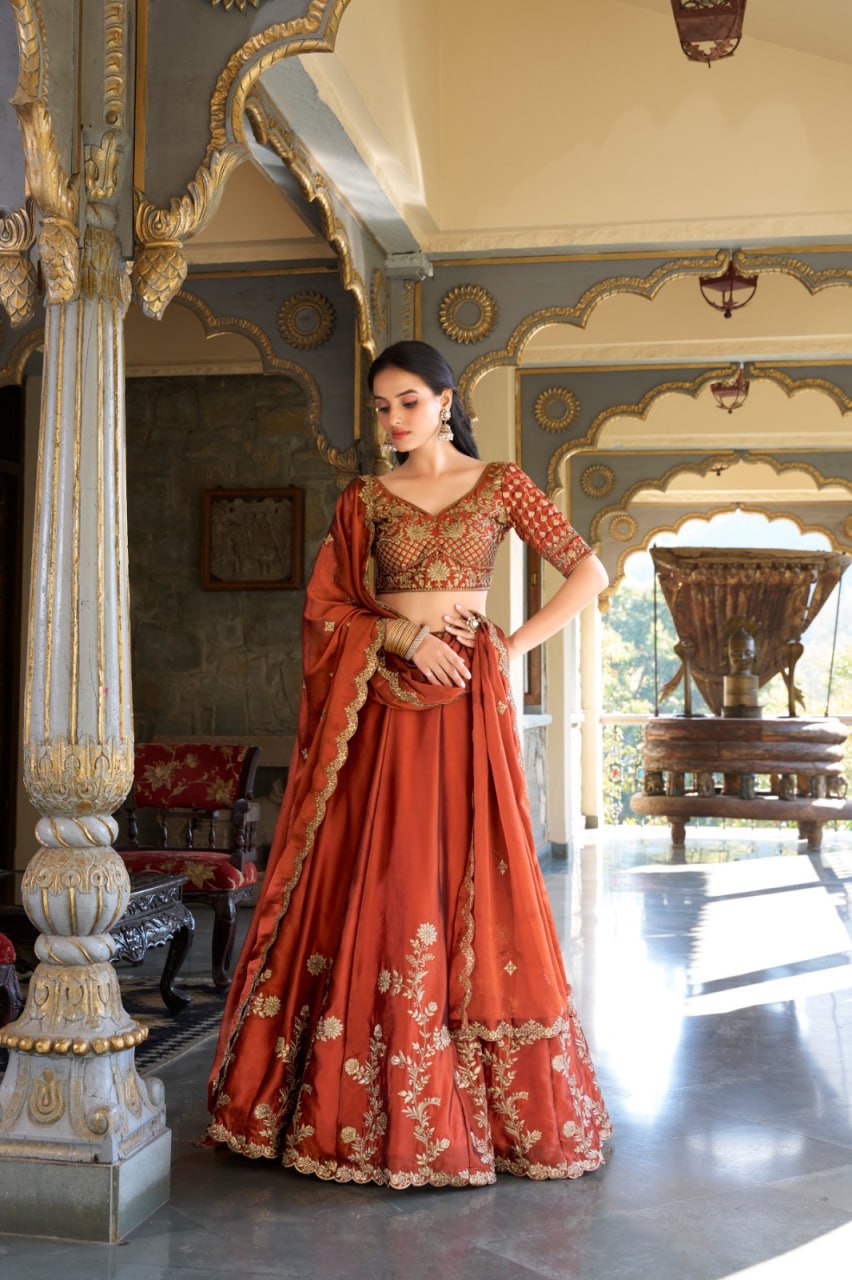 Designer Rust Rangoli Silk Bridal Party Wear Lehenga Choli