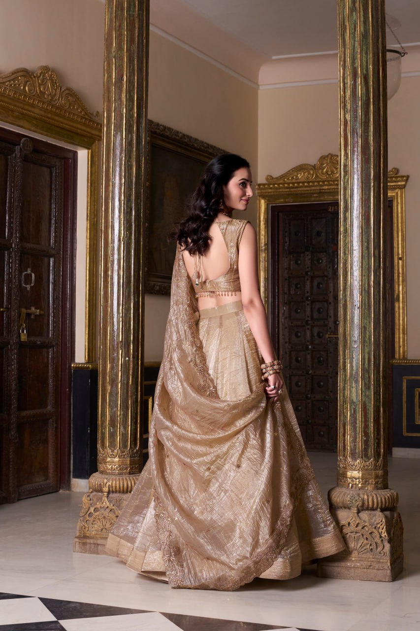 Light Brown Color Bridesmaid Lehenga Choli in Gold Crush With Heavy Blouse Sequins Embroidery Work