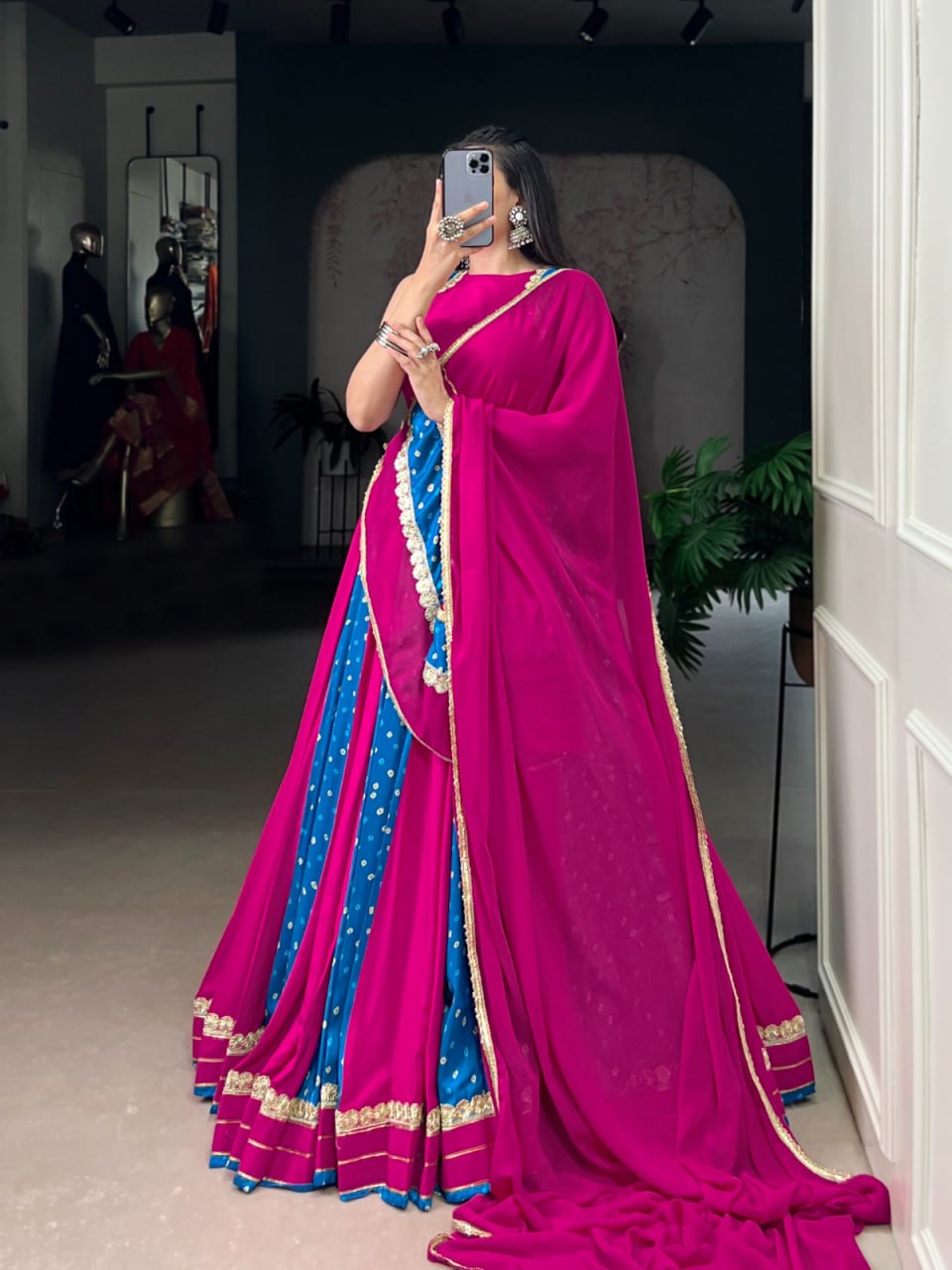 Magenta & Blue Bandhani Chaniya Choli for Navratri in Tasar Silk with Lace Detail