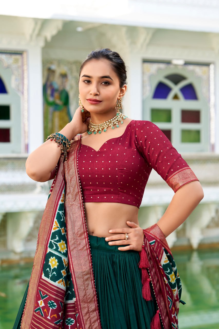 Tussar Silk Traditional Dark Green Patola Print Chaniya Choli for Navratri with Foil Work & Gotta Patti Dupatta