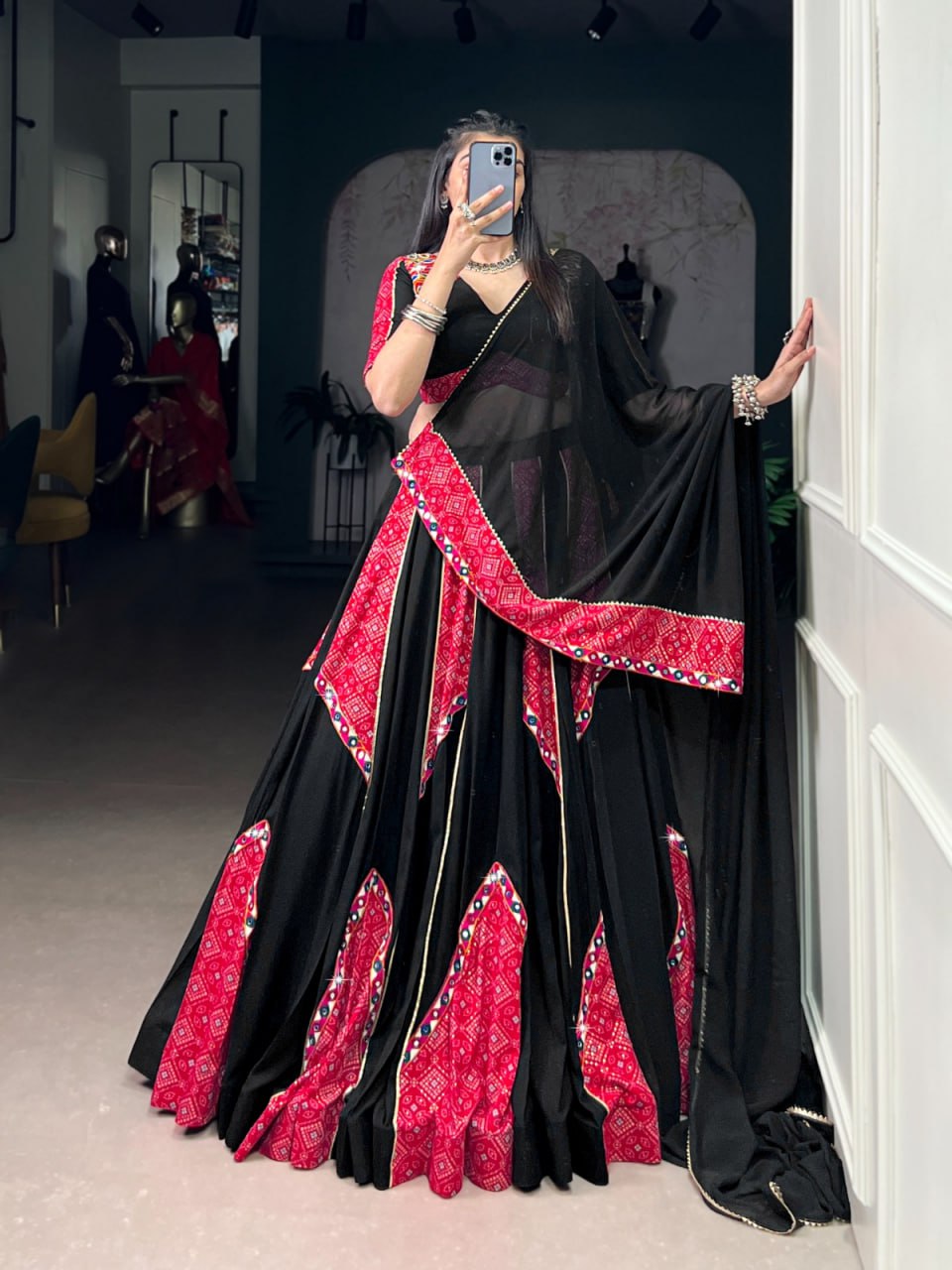 Black & Red Bandhej Chaniya Choli for Navratri with Mirror Gamthi & Gotta Patti