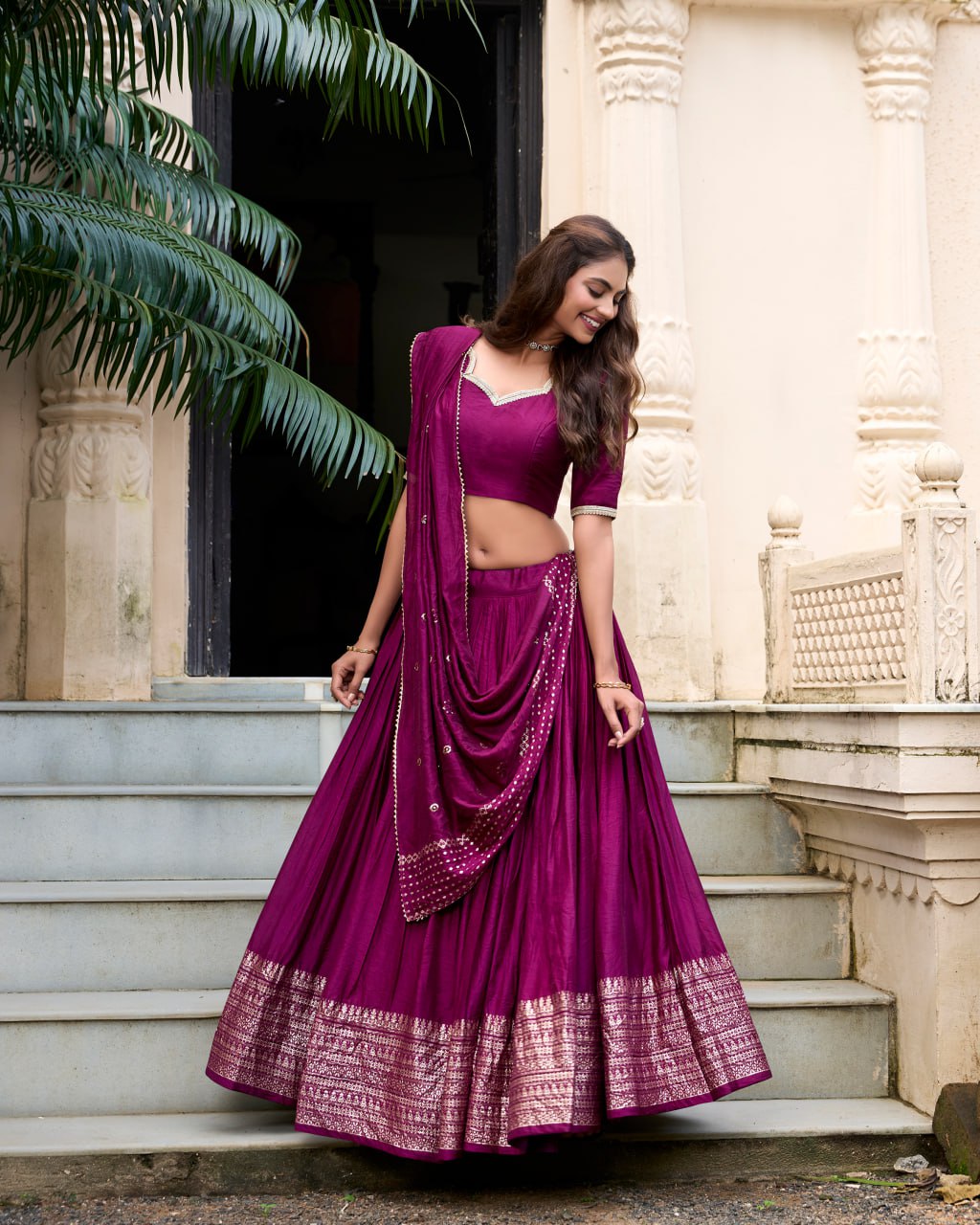 Pure Chanderi Dark Pink Chaniya Choli for Navratri with Zari Weaving Border & Sequins Dupatta