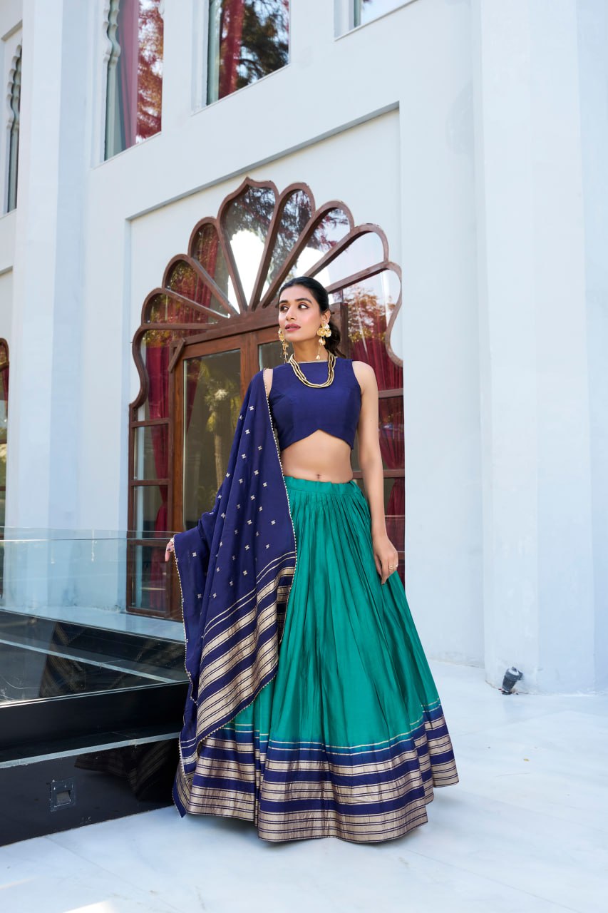 Designer Pure Chanderi Teal Green Bridal Lehenga Choli with Zari Weaving Work & Dupatta