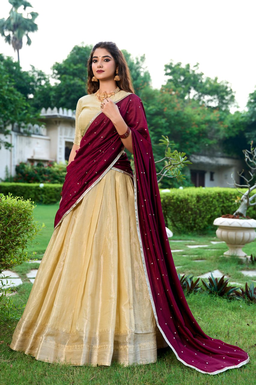 Cream Kanchipuram Lehenga Choli with Zari Weaving Work & Vichitra Silk Embroidered Dupatta