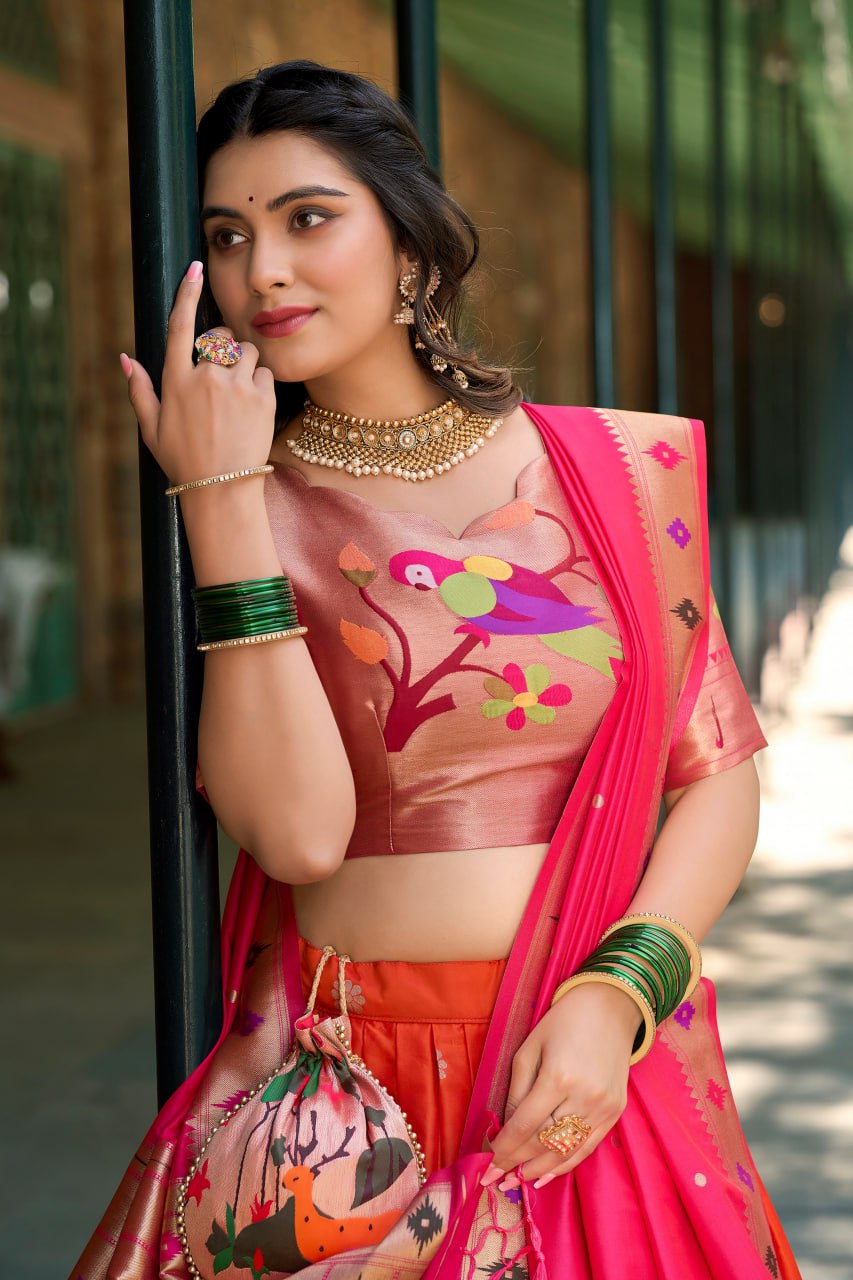 Orange Heritage Paithani Lehenga Choli with Zari Weaving Work