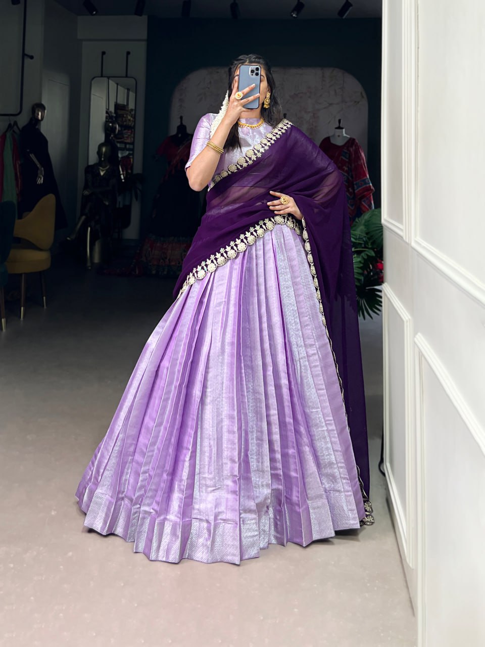 Festive Lavender Lehenga Choli with Weaving Work & Georgette Embroidered Dupatta