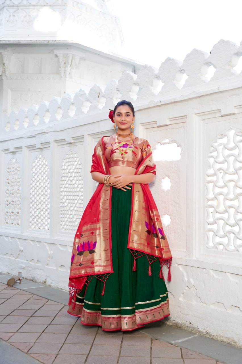 Green Designer Paithani Wedding Lehenga Choli in Vichitra Silk with Jacquard Silk Dupatta