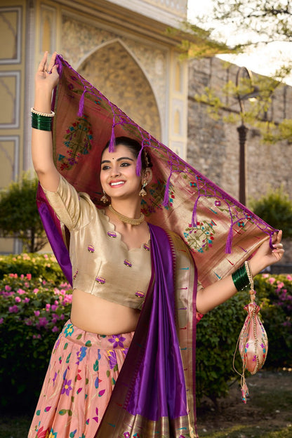 Peach Paithani Lehenga Choli with Zari Weaving Work, Dupatta & Batwa