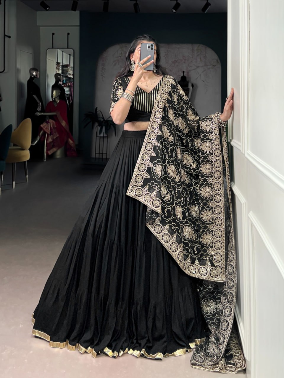 Black Rayon Chaniya Choli for Navratri with Golden Embroidery