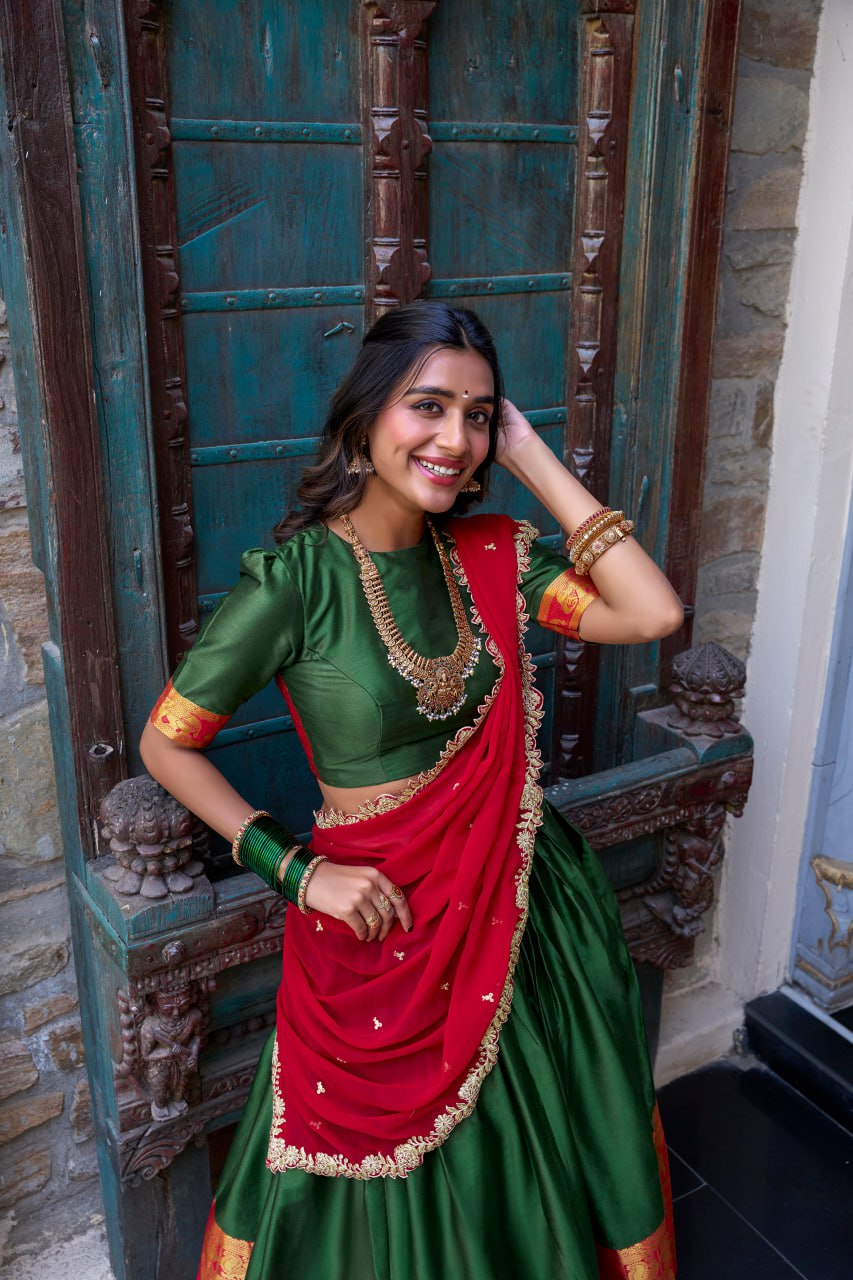 Designer Dark Green Lehenga Choli with Zari Weaving & Dupatta