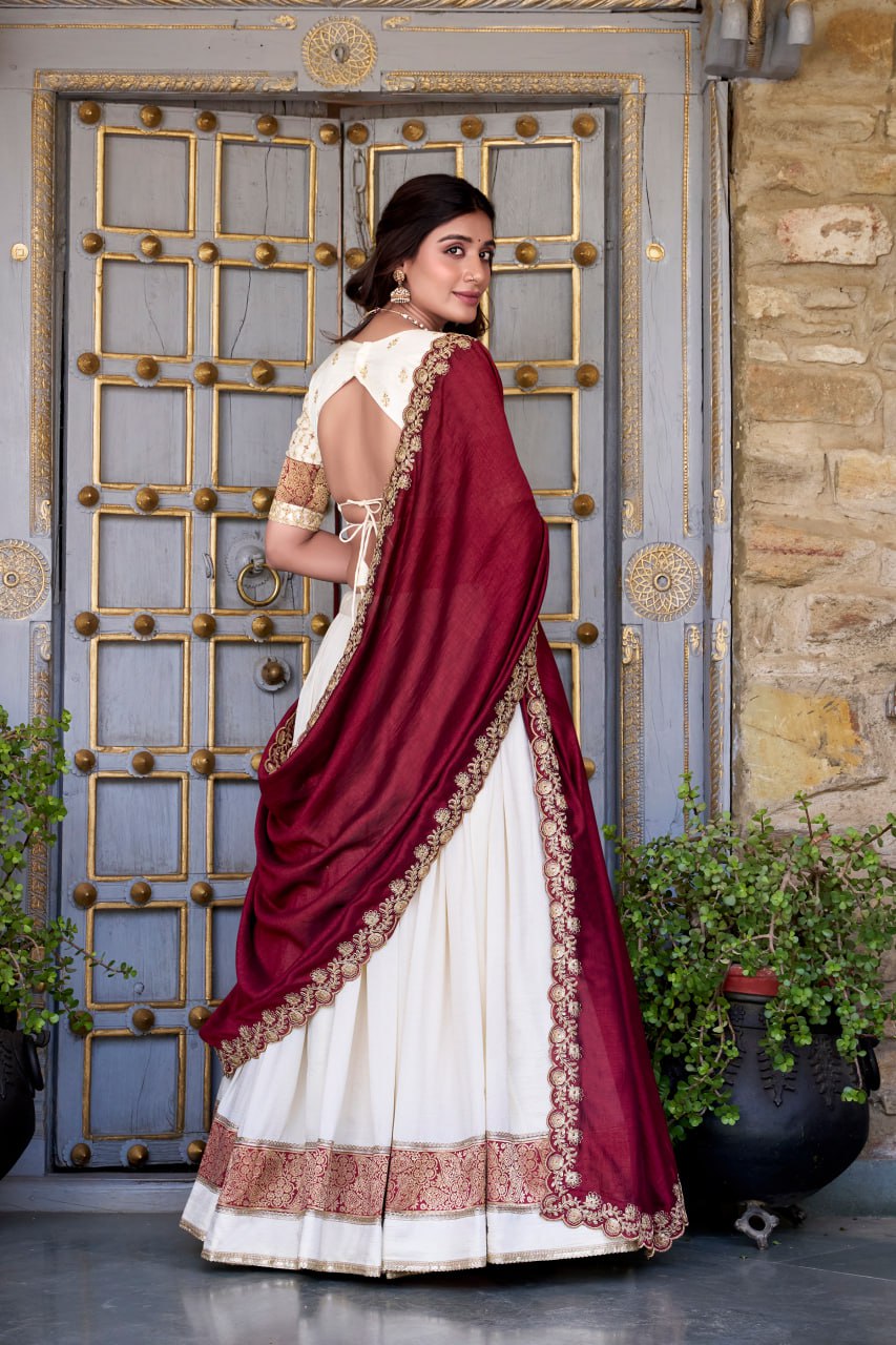 White Party Wear Lehenga Choli with Zari Weaving & Dupatta