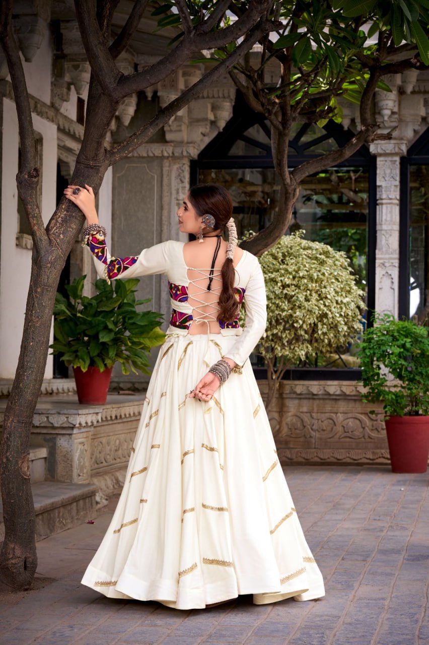 White Mirror Work Gamthi Chaniya Choli for Navratri