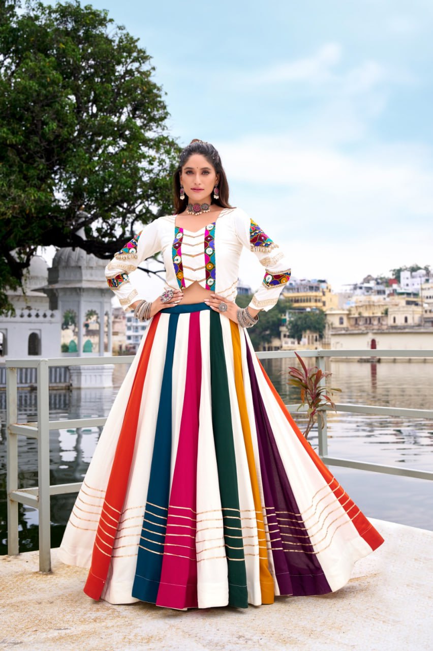 Multicolor Stripe Kutchi Mirror Hand Work Chaniya Choli for Navaratri
