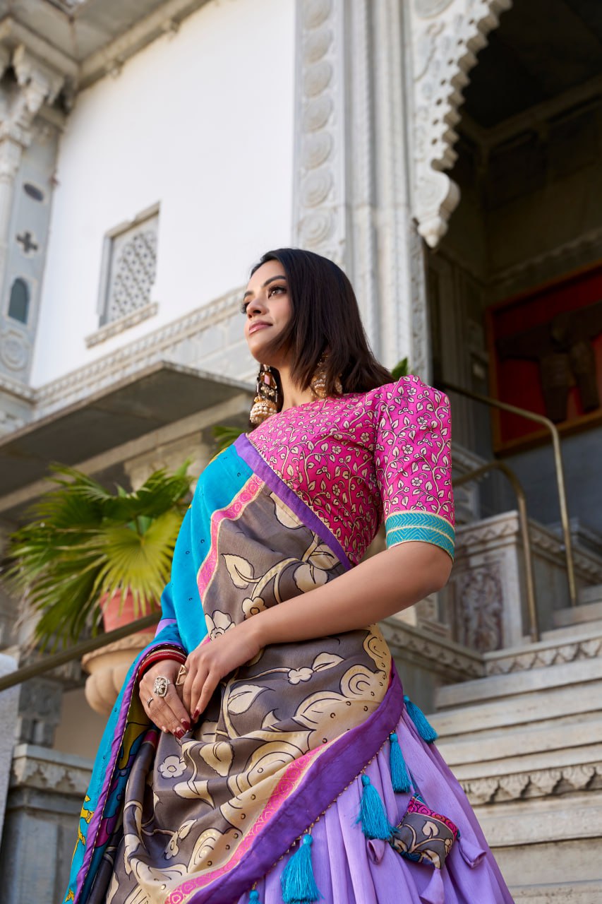 Turquoise Blue & Purple Kalamkari Lehenga Choli with Foil Work & Gota Patti Dupatta