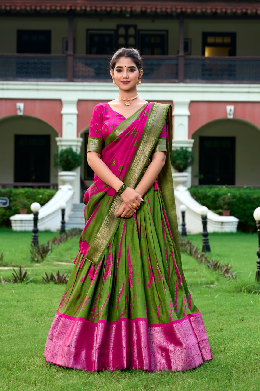 Pink Shibori Print Lehenga Choli with Zari Weaving Border & Tassel Dupatta