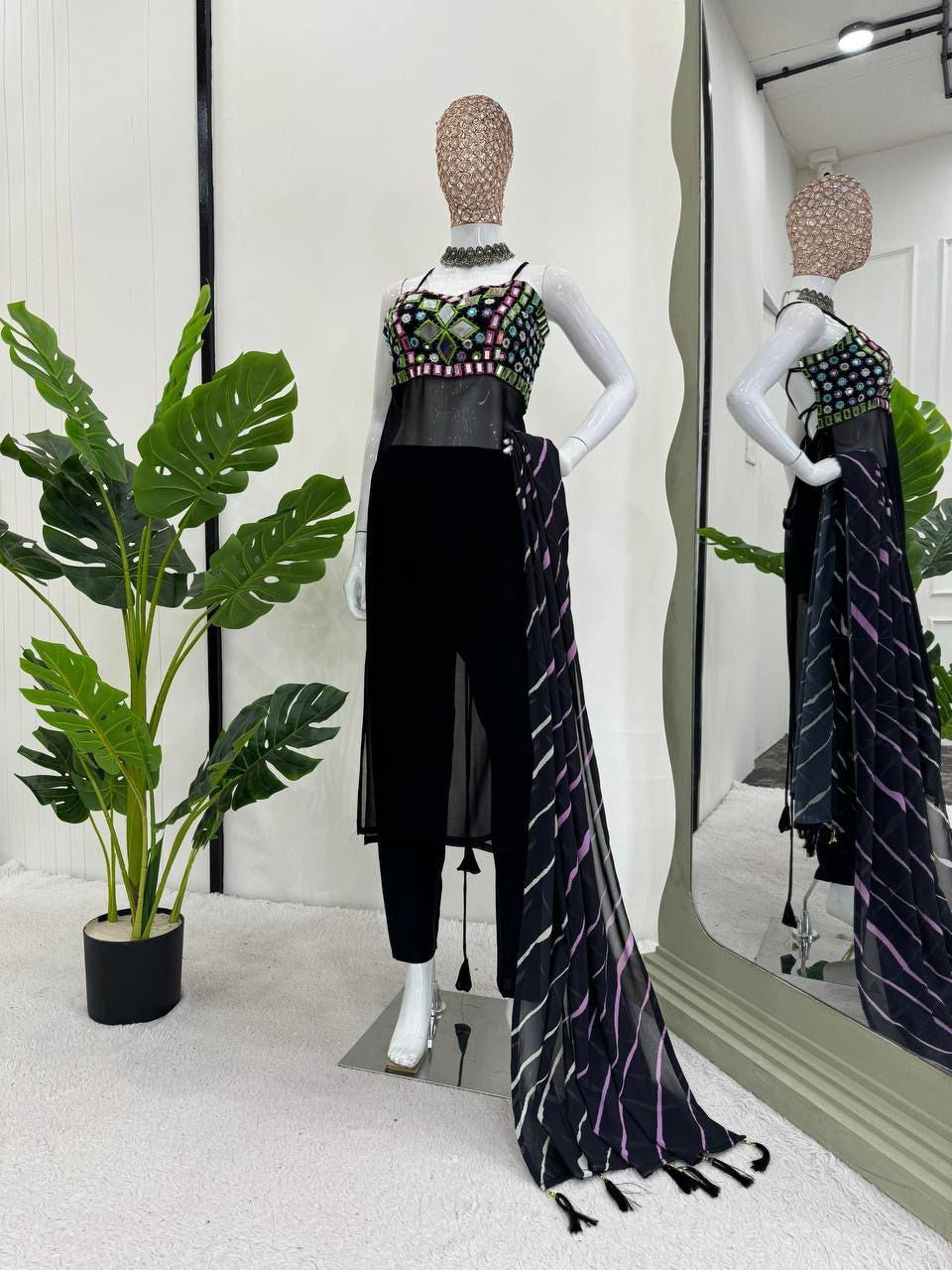 Faux Georgette Mirror Work Top Set with Printed Dupatta