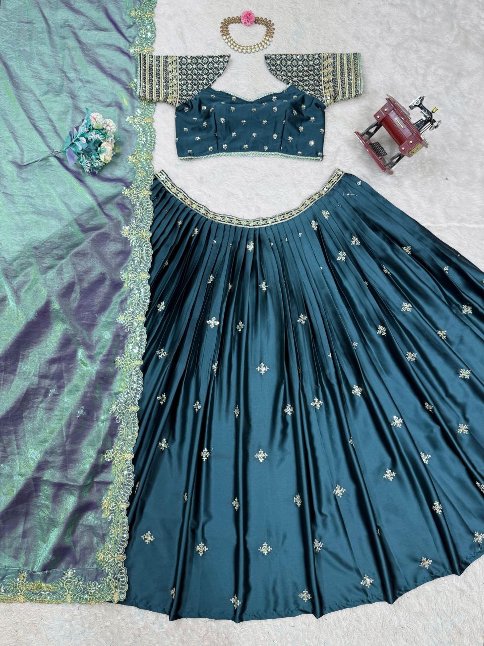 Japan Satin Lehenga, Sequin Lehenga Choli, Thread Work Lehenga, Cutwork Dupatta, Fendi Silk Dupatta, 3.5 Meter Flair Lehenga, Full Stitch Lehenga, Side Zip Lehenga, Unstitched Blouse, Lightweight Lehenga Choli, Wedding Wear, Festive Ethnic Outfit, Designer Lehenga Set, Traditional Indian Wear
