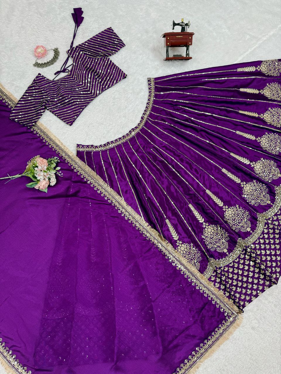 Chinon Silk Lehenga, Sequin Lehenga Choli, Thread Work Lehenga, Full Stitch Lehenga, Lace Border Dupatta, Side Zip Lehenga, 3 Meter Flair Lehenga, Unstitched Blouse, Wedding Wear Lehenga, Festive Ethnic Wear, Lightweight Lehenga Choli, Designer Lehenga Set, Traditional Indian Outfit
