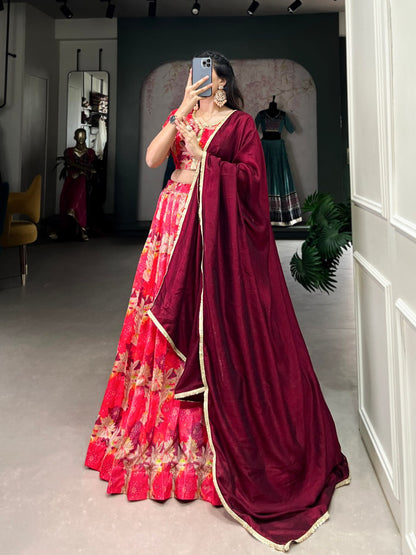Tussar Silk Lehenga, Printed Lehenga Choli, Vichitra Silk Dupatta, Canvas Lehenga, Lace Border Dupatta, Stitched Lehenga Choli, Festive Wear Lehenga, Lightweight Lehenga Set, Traditional Indian Wear, 3.5 Meter Flair Lehenga, Ethnic Tussar Lehenga, Ready to Wear Lehenga Choli, Wedding Guest Outfit, Navratri Lehenga Choli