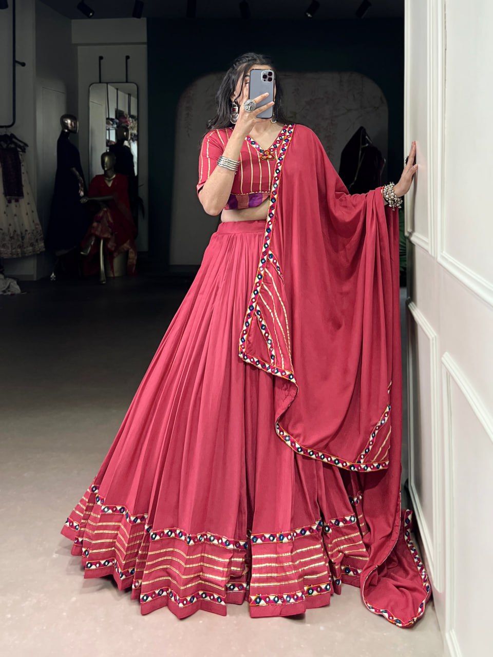 Light Pink Rayon Original Mirror Work Gamthi Lehenga Choli
