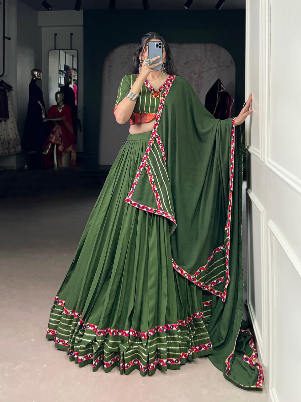 Light Green Rayon Original Mirror Work Gamthi Lehenga Choli
