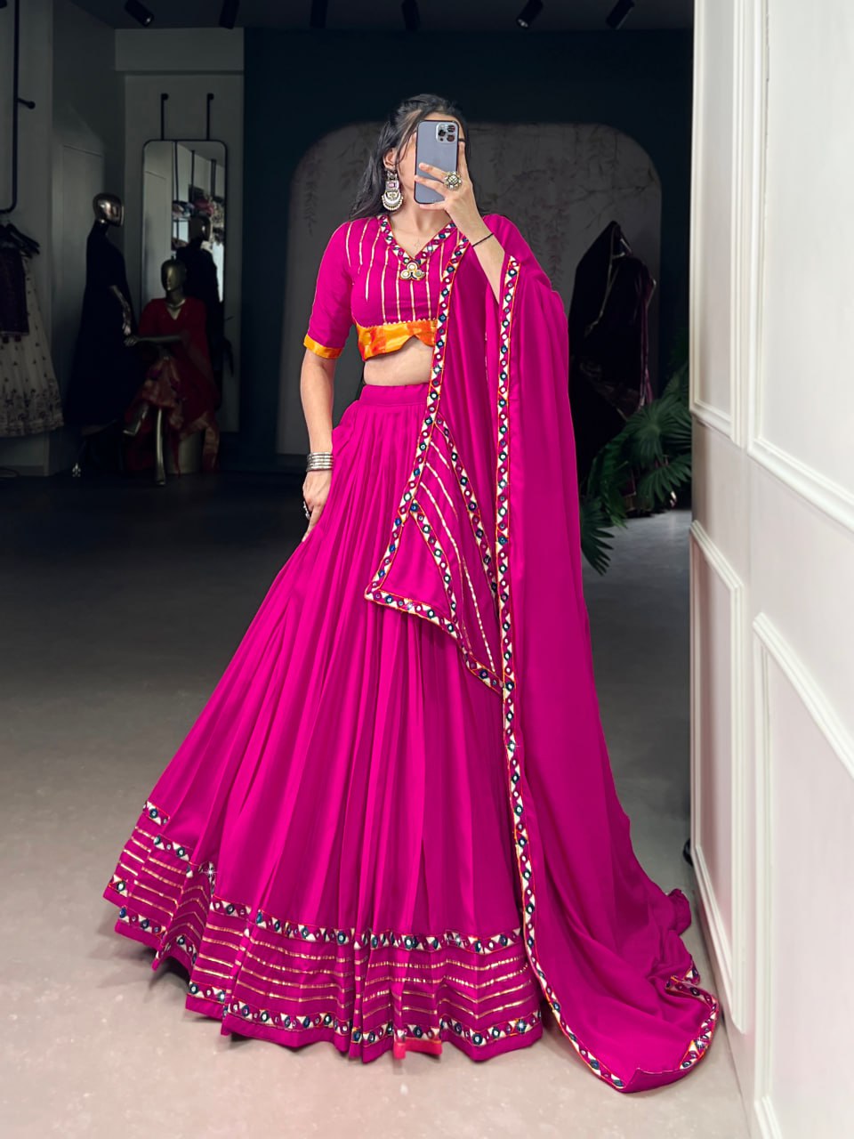 Pink Rayon Original Mirror Work Gamthi Lehenga Choli