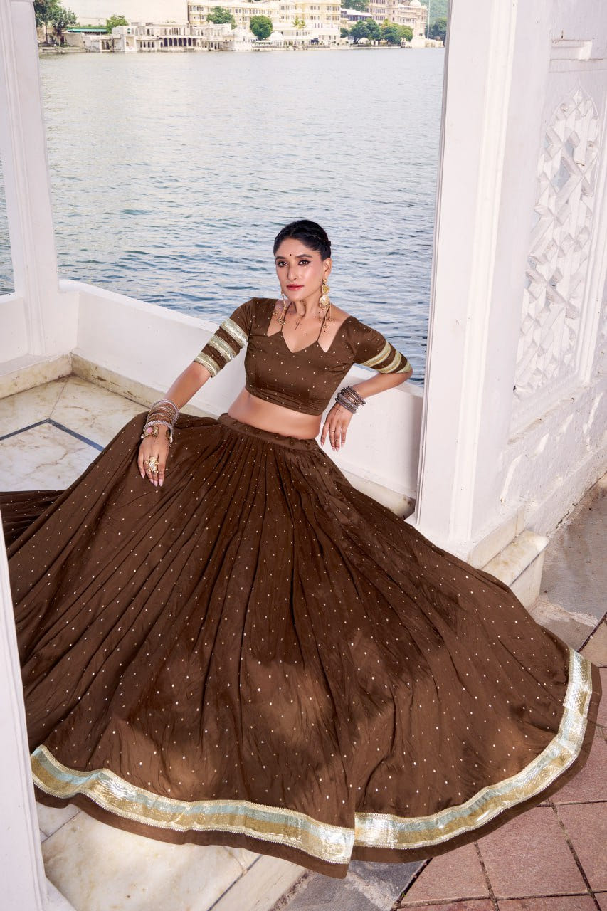 Brown Pure Chanderi Silk Lehenga Choli With Zari Weaving & Lace Touch Up