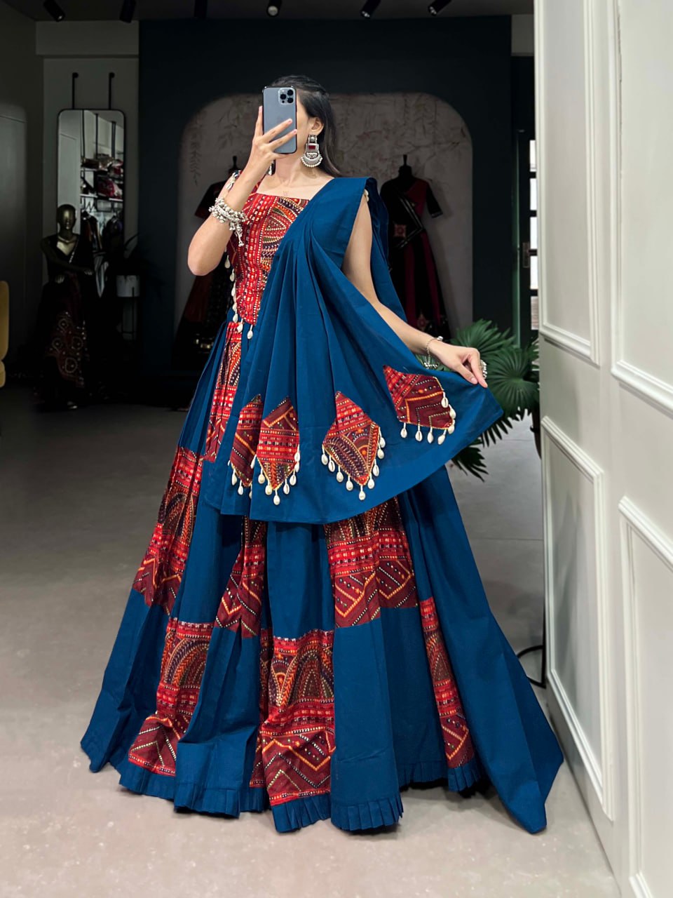 Blue Pure Cotton Printed Foil Work Navratri Lehenga Choli with Dupatta