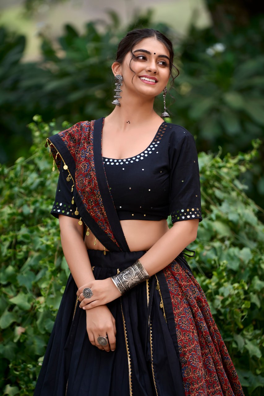 Black Pure Cotton Kutchi Hand Work Chaniya Choli with Printed Dupatta