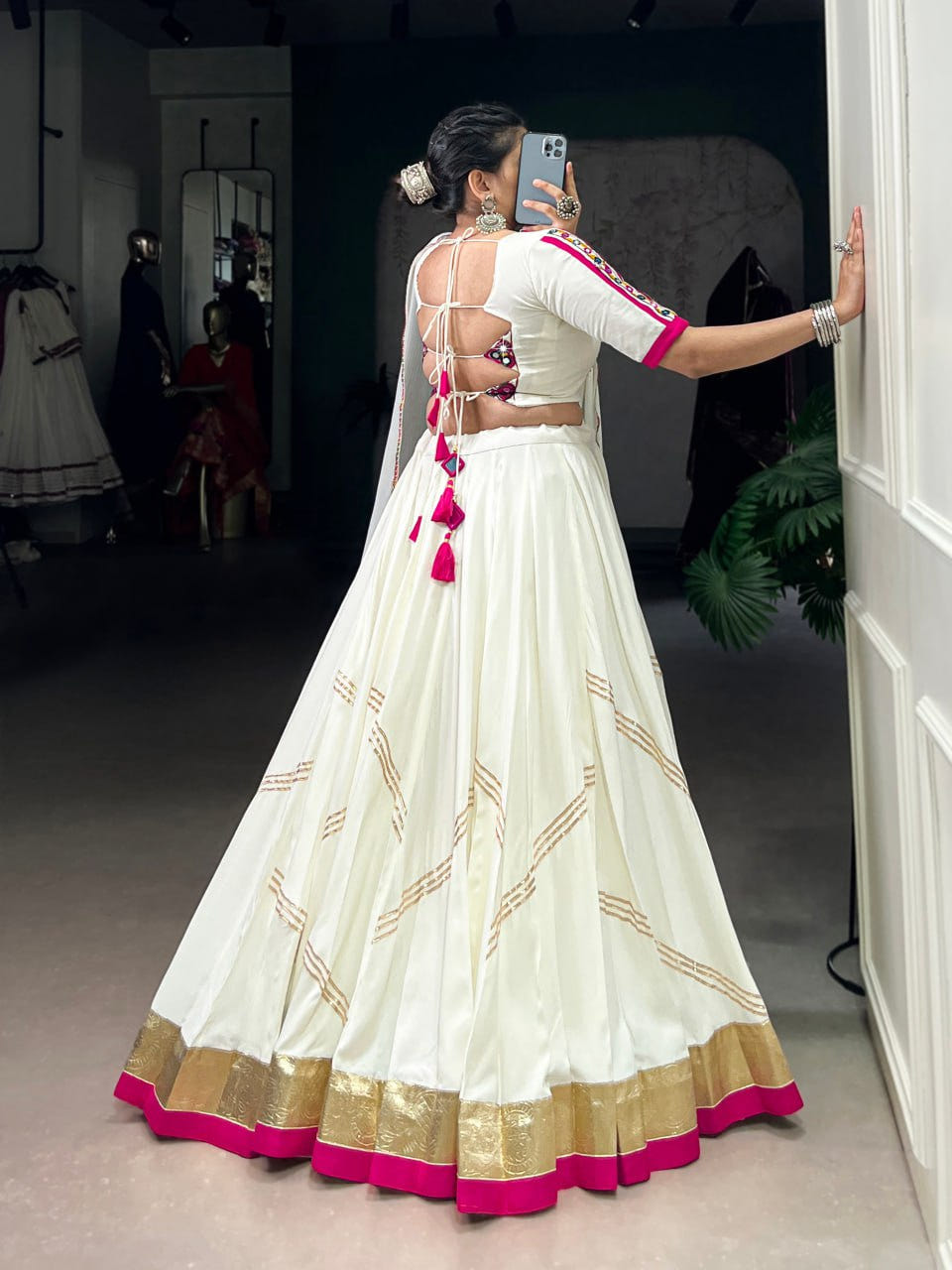 White Rayon Navratri Lehenga Choli with Mirror & Gota Patti Work