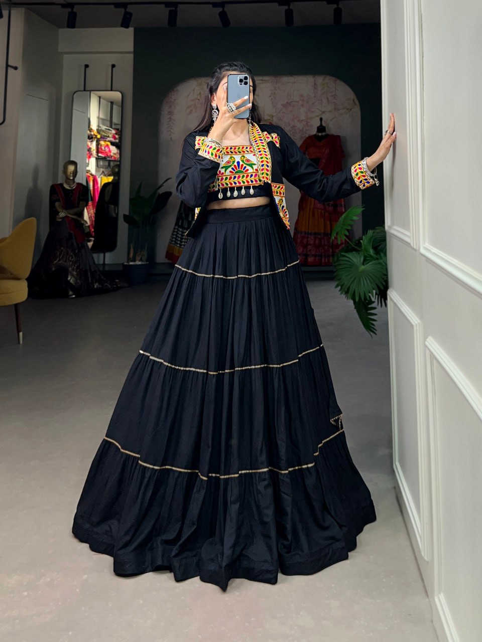 Navratri Lehenga Choli with Koti, Pure Rayon Lehenga Set, Gamthi Work Festival Wear Outfit, Gota Patti Lehenga for Navratri, Designer Navratri Chaniya Choli 2025, Stitched Lehenga Choli with Jacket, Traditional Indian Lehenga Outfit, Cowrie Lace Work Lehenga Choli, Women’s Navratri Garba Dress, Rayon Lehenga Choli with Gamthi Embroidery