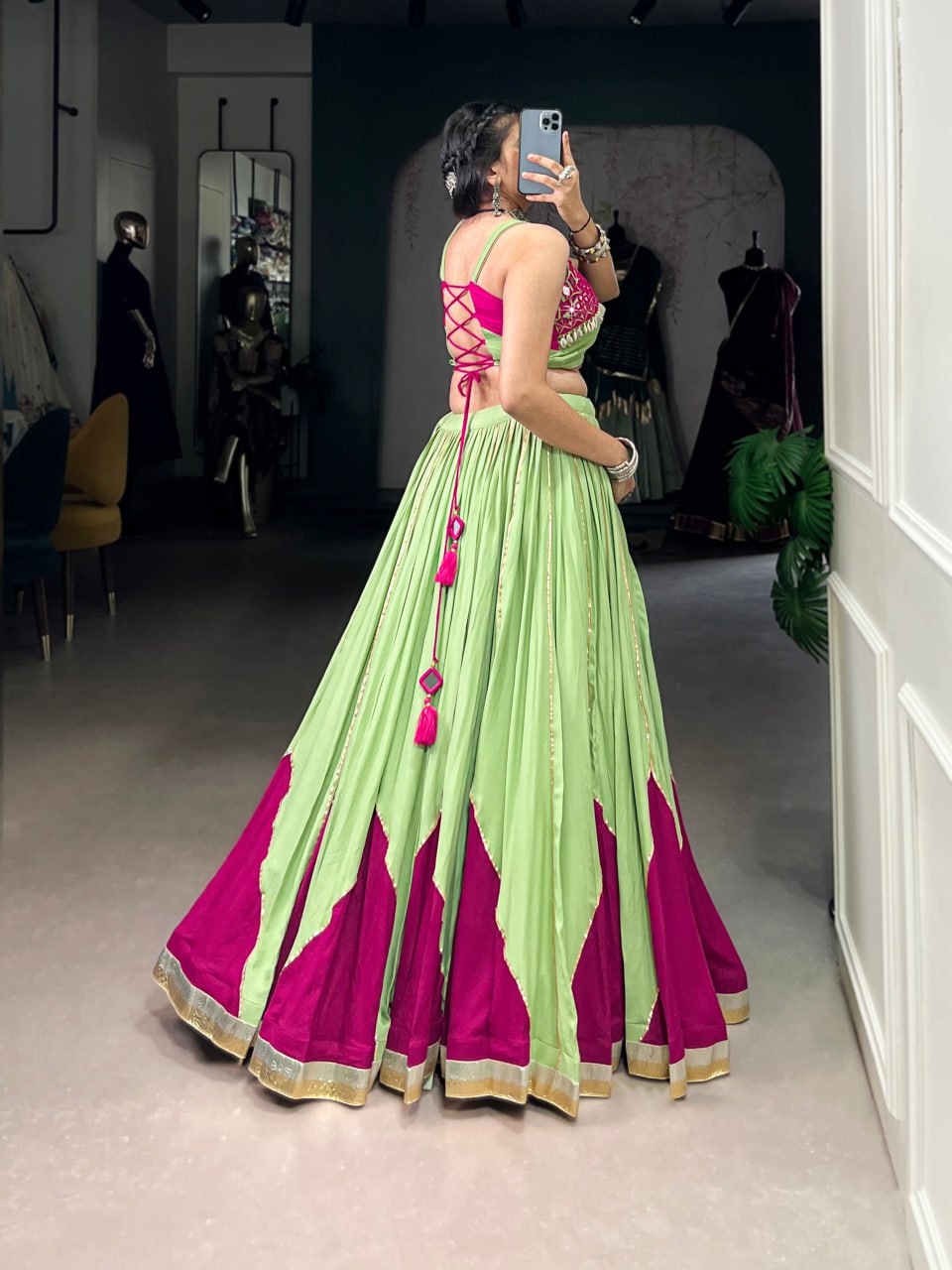 Pure Rayon Green Navratri Lehenga, Green Gamthi Work Lehenga Choli, Mirror Work Navratri Outfit, Gota Patti Blouse Lehenga Choli, Stitched Rayon Lehenga for Women, Green Traditional Navratri Chaniya Choli, Designer Lehenga Choli 2025, Festival Wear Lehenga for Garba, Cowrie Lace Work Lehenga Choli, Women’s Ethnic Wear for Navratri