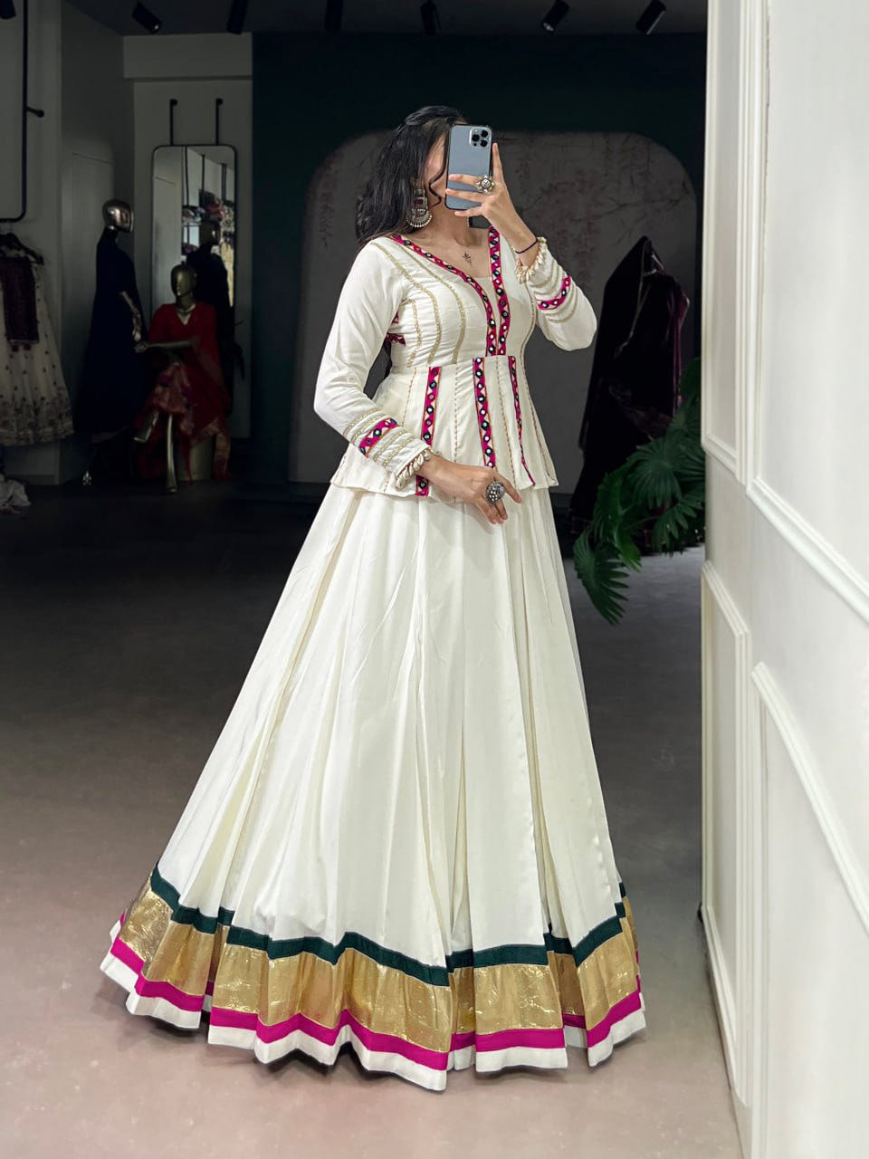 Rayon Designer White Mirror Gamthi Work Chaniya Choli for Navratri