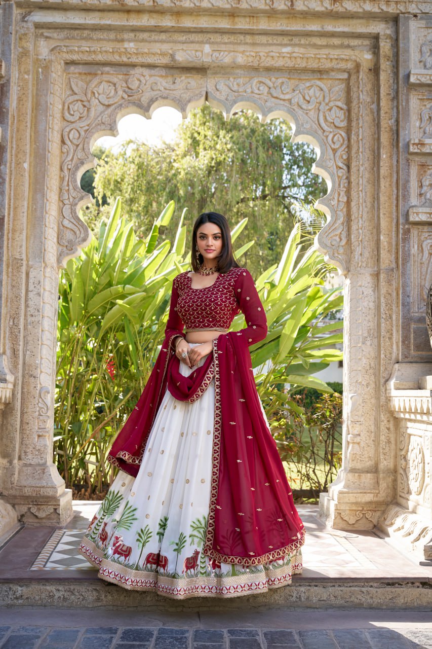 White Maroon Georgette Bridesmaid Lehenga Choli with Sequins