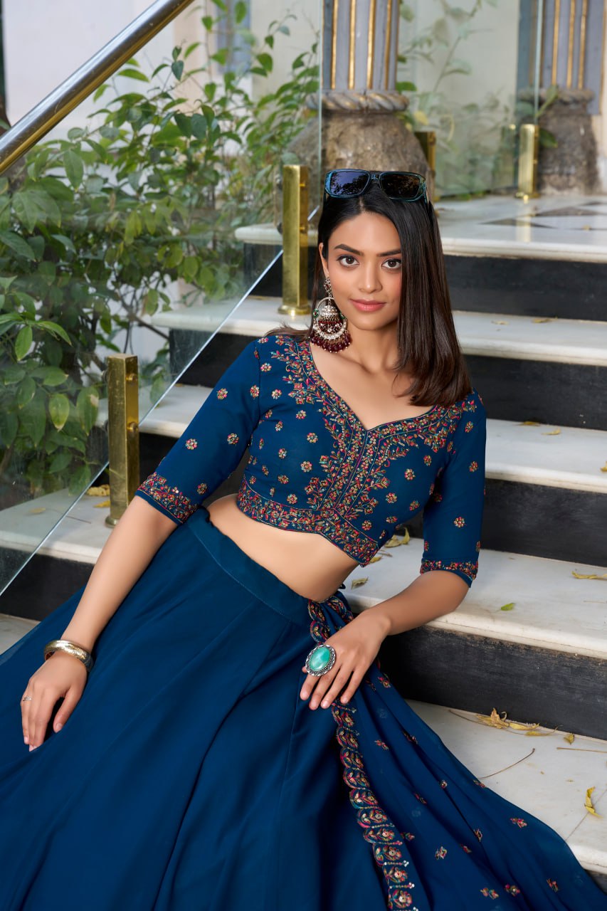 Navy Blue Georgette Bollywood Lehenga Choli with Sequins Embroidered Blouse & Dupatta