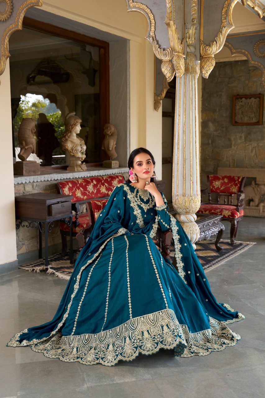 Teal Firozi Vichitra Silk Wedding Lehenga Choli with Sequins