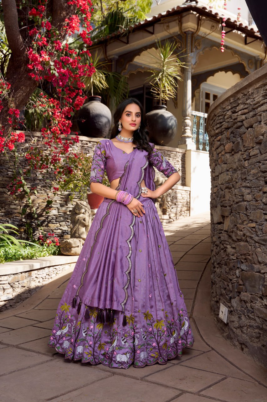 Designer Lavender Vichitra Simmer Party Wear Lehenga Choli