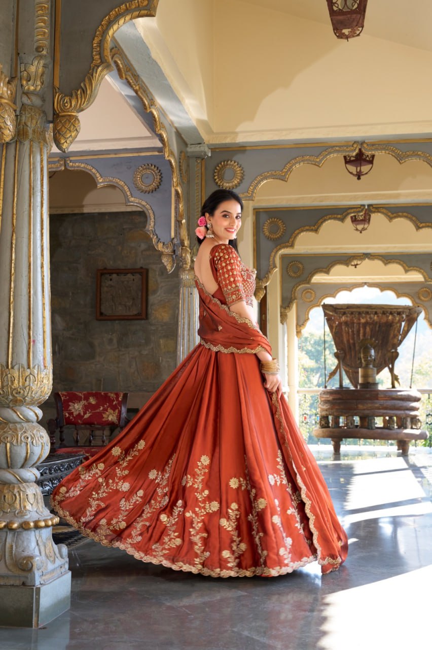 Designer Rust Rangoli Silk Bridal Party Wear Lehenga Choli