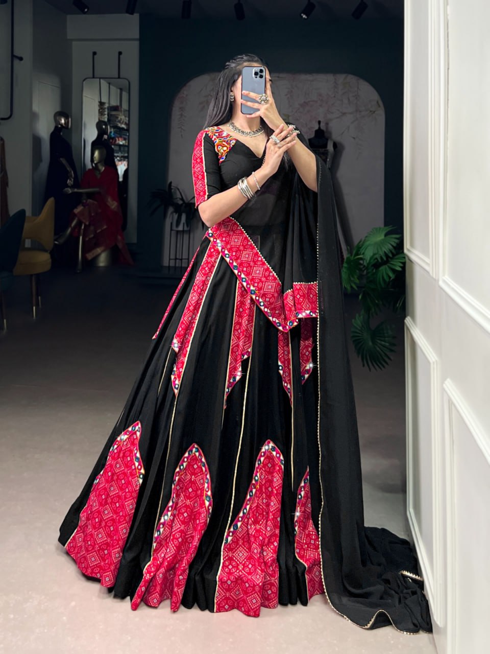 Black & Red Bandhej Chaniya Choli for Navratri with Mirror Gamthi & Gotta Patti